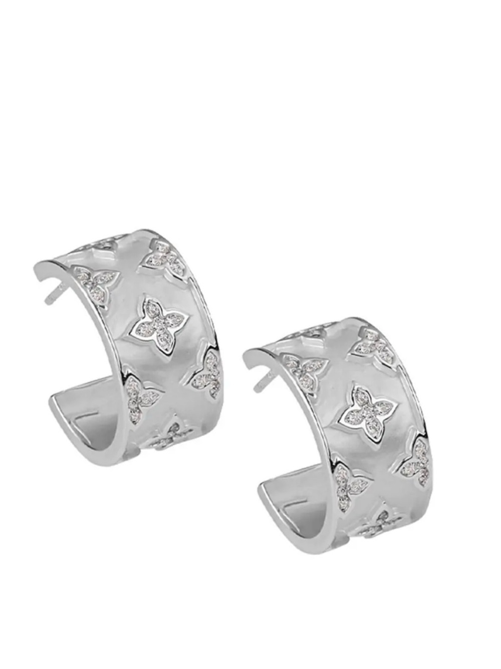 Cashmere Matte White Silver Delicate Quatrefoil Motifs Hoop Earrings 5/8” Floral - Picture 2 of 14
